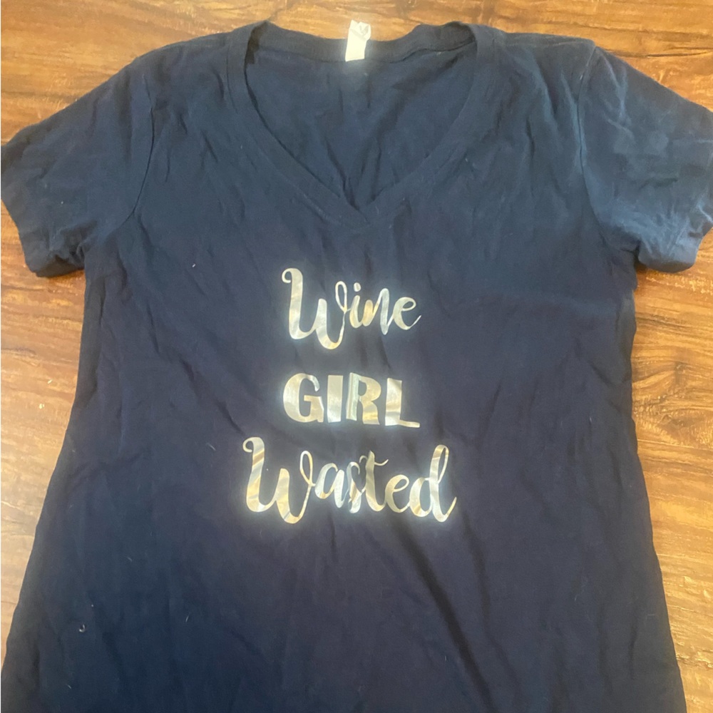 Navy t-shirt “wine girl wasted” on the front, “team bride” on the back